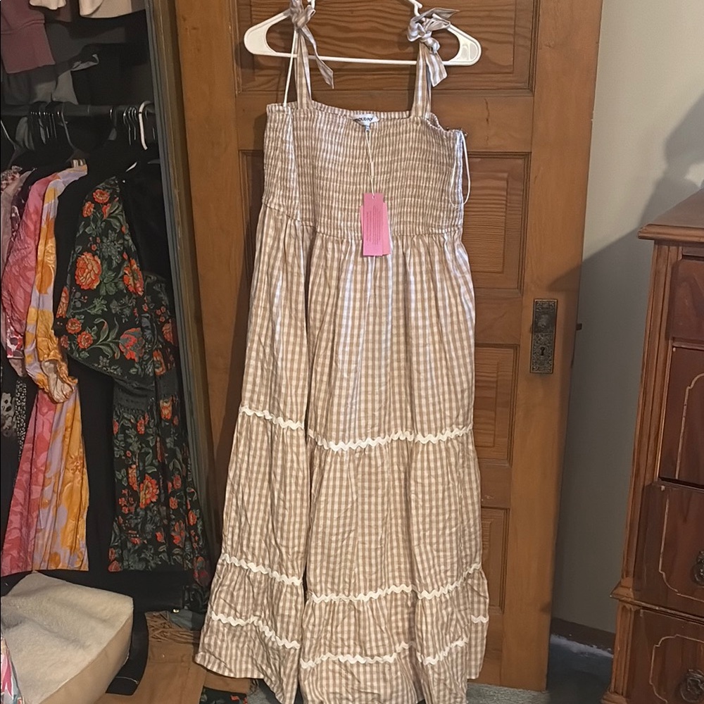 Tan and White Tiered Maxi Sundress with Spaghetti Straps